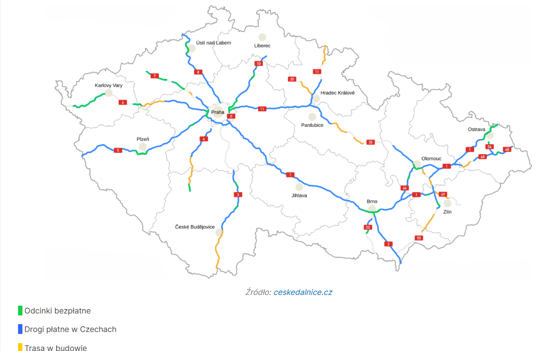 mapa Czech z zaznaczonymi płatnymi drogami