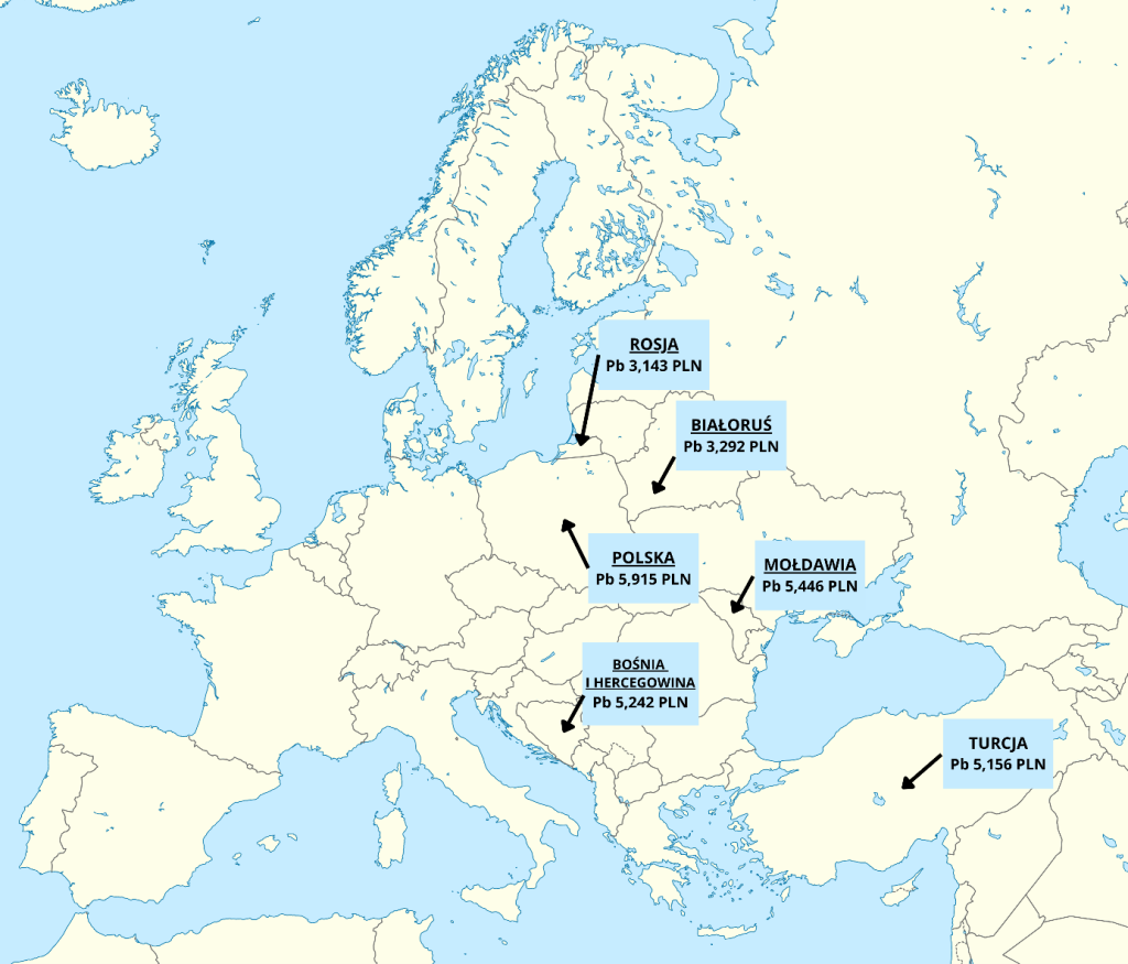 mapa z oznaczonymi krajami i cenami paliw marzec 2026 