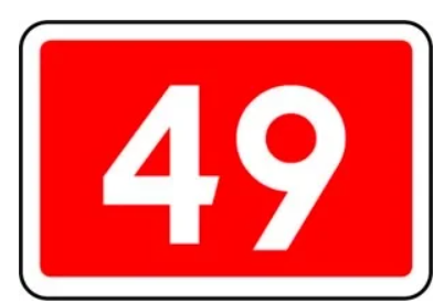 czerwony znak z białą cyfrą i ramką oraz numerem 49