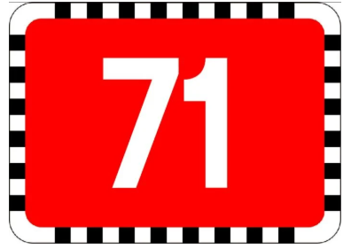 znak na czerwonym tle z białą liczbą 71 i czarno-białą ramką