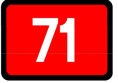 znak na czerwonym tle z czarną ramką i białą liczbą 71