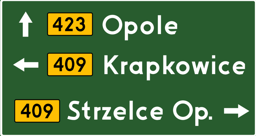 tablica z zielonym tłem, białymi nazwami miejscowości i strzałkami i żółtymi numerami dróg