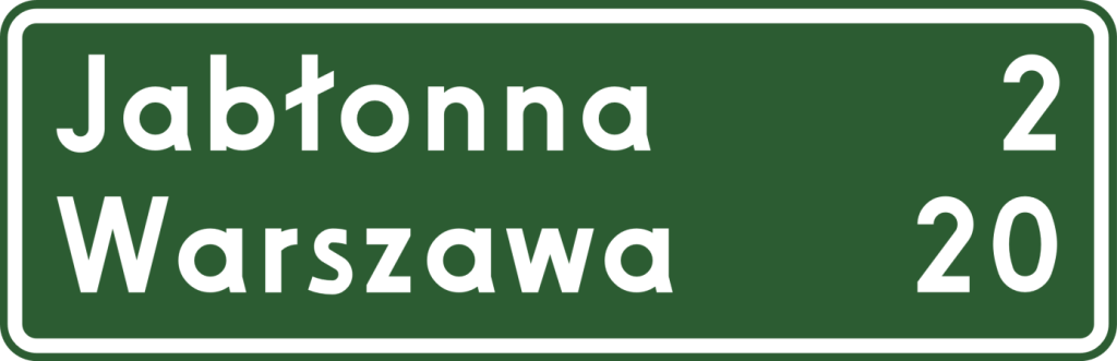 tablica kierunkowa na zielonym tle z białymi nazwami miejscowości, ramką i liczbami oznaczającymi kilometry
