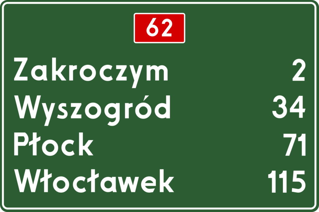 tablica szlaku drogowego w zielonym kolorze tła, z białymi napisami