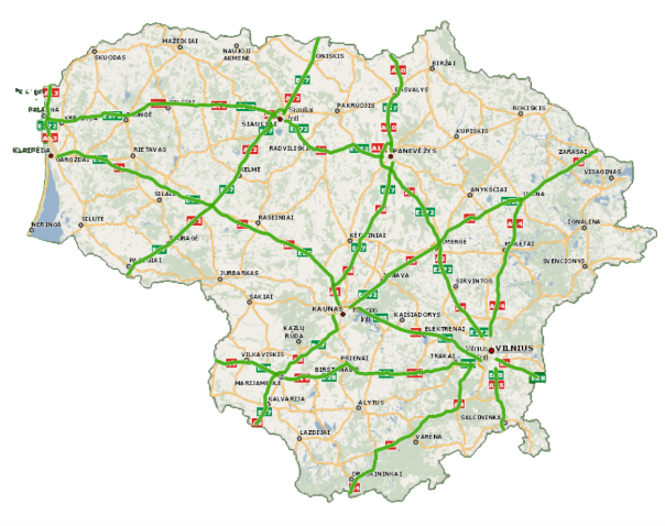 mapa Litwy z zaznaczonymi płatnymi odcinkami dróg