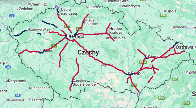 mapa autostrad i płatnych odcinków dróg w Czechach