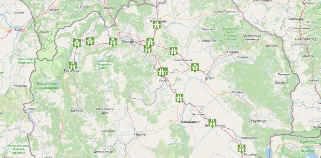mapa z zaznaczonymi punktami poboru opłat w Macedonii