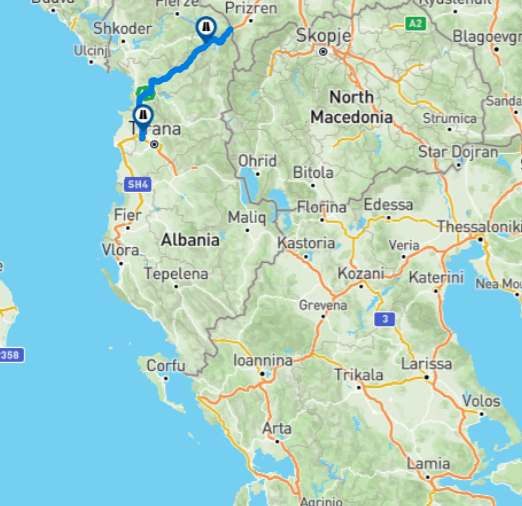 mapa płatnego odcinka drogi w Albanii