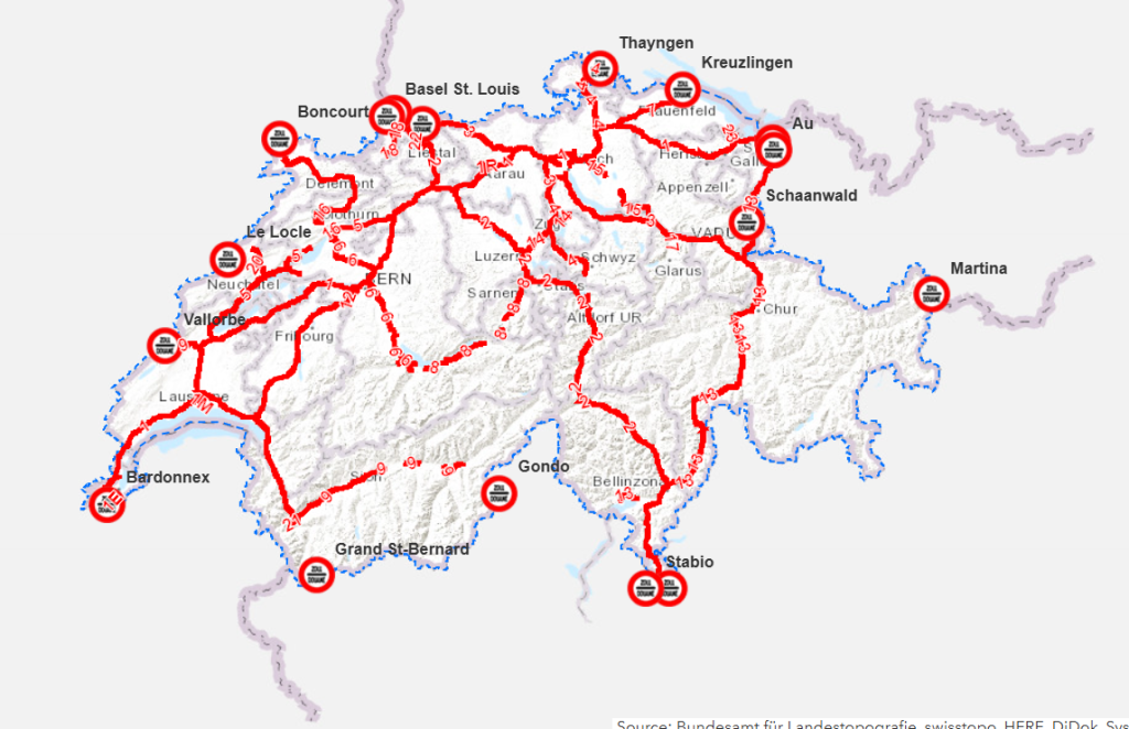 mapa płatnych dróg w Szwajcarii